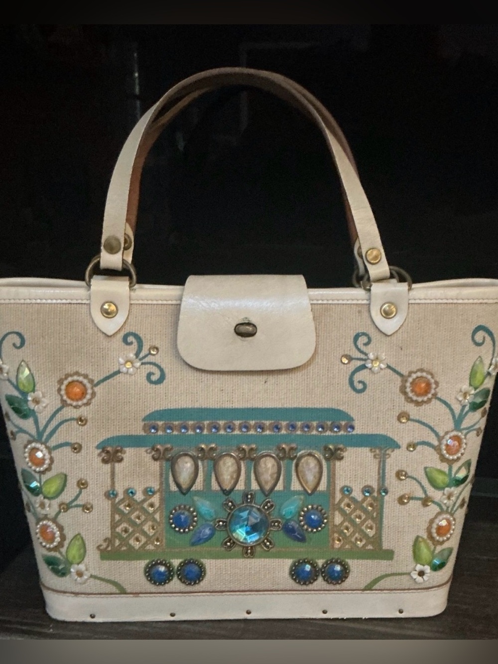 Beaded Embroidered Cream Tote Bag with Turquoise Accents